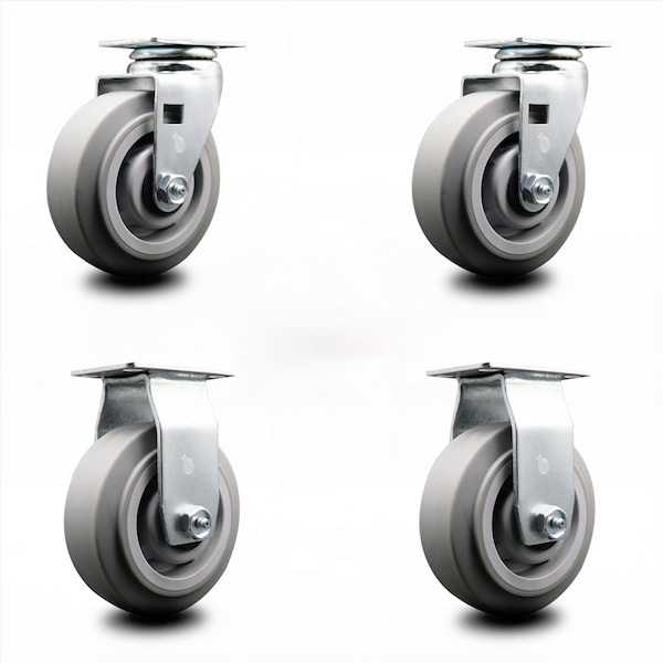 5 Inch Thermoplastic Rubber Caster Set with Roller Bearings 2 Swivel 2 Rigid
